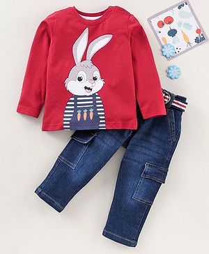 Babyhug Full Sleeves T-shirt With Jeans & Bunny Print with Belt-Red Blue