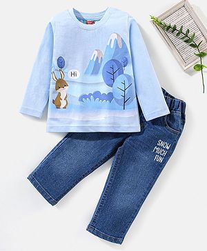 Babyhug Cotton Full Sleeves Tee & Denim Jeans Set With Text Embroidery & Bunny Print- Blue
