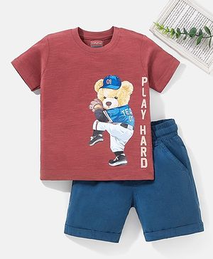 Babyhug 100% Cotton Knit Half Sleeves T-Shirt & Short Set Play Print - Brown & Blue