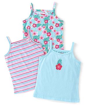 Babyhug Sleeveless Slips Striped & Floral Print Pack of 3 - Blue