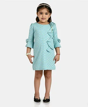 Peppermint Three Fourth Sleeves Foil Polka Dots Printed And Rosette Detail Party Dress - Sea Green