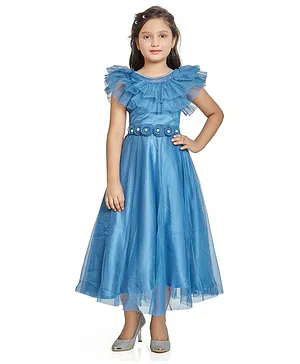 Peppermint Flutter Sleeves Solid Rosette Detail Gown - Teal Blue