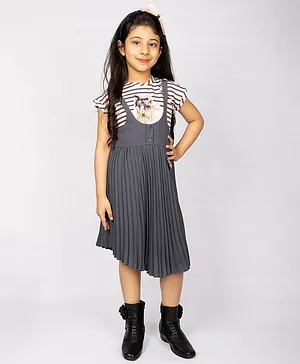 Peppermint Cap Sleeves Girl Print Striped Tee With Dungaree Style Pleated Dress - Grey