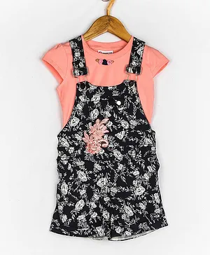 Peppermint Cap Sleeves Floral Applique Top & All Over Print Dungaree Dress Set - Blue & Peach