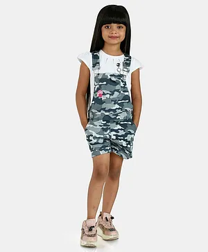 Peppermint Short Sleeves Embellished Top & Camouflage Print Jumpsuit Set - Grey