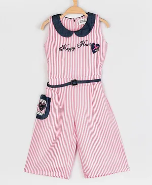 Peppermint Sleeveless Striped Happy Heart Embroidered & Bow Appliqued Jumpsuit - Pink