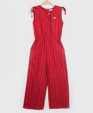 Peppermint Sleeveless Motif Stripe Printed Front Tie Up Closure Jumpsuit - Red