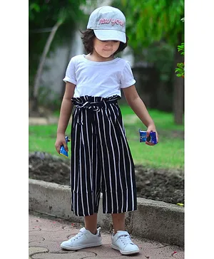 Piccolo Half Sleeves Tee & Striped Paperbag Culottes Set - Black & White