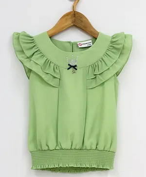 Peppermint Short Sleeves Solid Ruffle Detail Top - Green