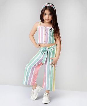 Naughty Ninos Sleeveless Striped Strappy Top With Fabric Belt Detail Palazzo - Green Pink