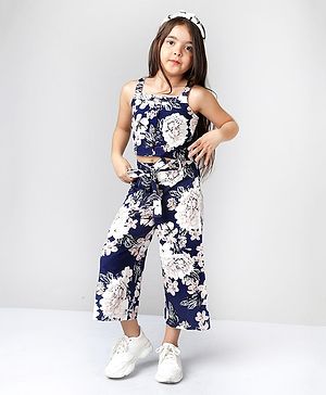 Naughty Ninos Sleeveless Floral Printed Top With Printed Palazzo - Navy Blue