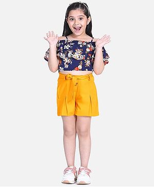 Naughty Ninos Cold Shoulder Half Sleeves Floral Printed Top & Shorts - Navy Blue