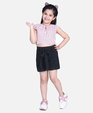 Naughty Ninos Sleeveless Polka Dots Printed Top With Solid Fabric Belt Detail Shorts - Pink