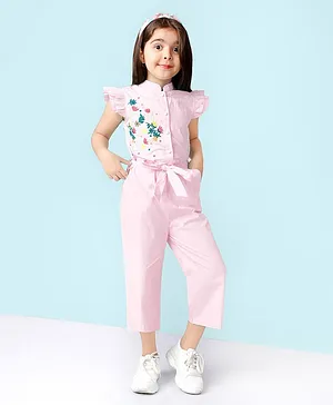 Naughty Ninos Cap Frill Sleeves & Floral Placement Embroidered Jumpsuit - Pink