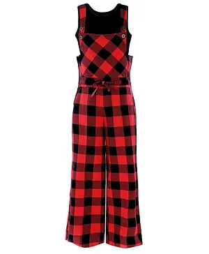 Naughty Ninos Sleeveless Solid Tee With Checkered Dungaree - Red