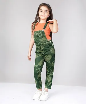 Naughty Ninos Sleeveless Floral Print Dungaree Pant With Sleeveless Solid T Shirt - Olive Green