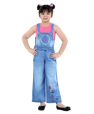 Naughty Ninos Sleeveless Butterfly And Live Simply Detail Embroidered Detail Denim Dungaree With Sleeveless Solid T Shirt - Blue