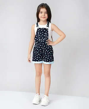 Naughty Ninos Sleeveless Butterfly Printed Pocket Detail Dungaree Shorts With Sleeveless Solid T Shirt - Navy Blue