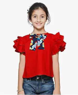 Cutiekins Half Frill Sleeves Abstract Tessellated Geometric Print Contrast Bow Top - Red