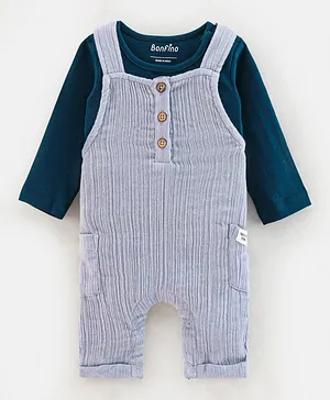 Bonfino Cotton Woven Dungaree with Full Sleeves T-Shirt Set - Blue