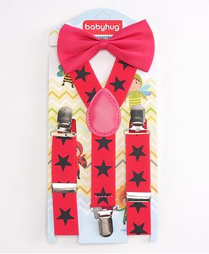 Babyhug Bow and Suspender Set Star Printed - Dark Pink