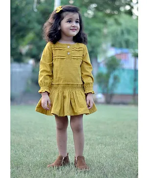 Piccolo Puffed Full Sleeves Solid Frill Detail Dress - Yellow