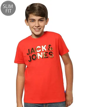 Jack & Jones Junior Half Sleeves Text Printed T-Shirt - Red