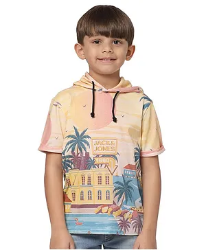 JACK & JONES Junior Half Sleeves Hooded Printed T-Shirt - Beige