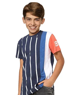 Jack & Jones Junior Cotton Half Sleeves Striped T-Shirt - Blue