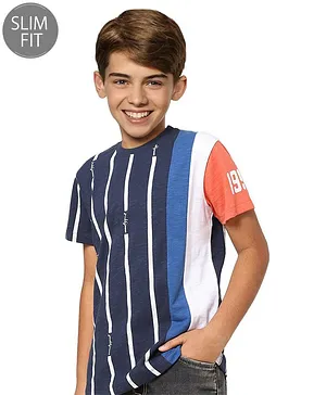 Jack & Jones Junior Cotton Half Sleeves Striped T-Shirt - Blue