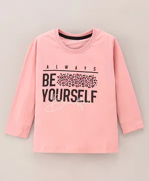 Doreme Full Sleeves Cotton T-Shirt Text Print- Pink