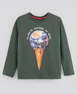Pine Kids Full Sleeves Biowashed T-Shirt Earth & Text Print - Green