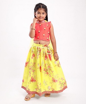 Teentaare Sleeveless Choli & Lehenga With Net Dupatta Floral Print - Pink Yellow