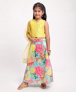 Teentaare Sleeveless Choli & Lehenga With Net Dupatta Floral Print - Yellow & Multicolor