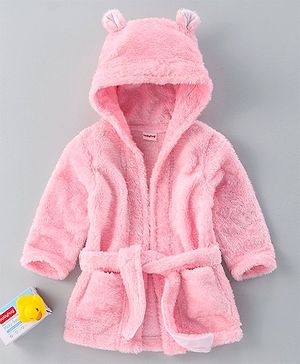 Babyhug Velour Cotton Knit Full Sleeves Hooded Bath Robe With Ear Flaps- Light Pink