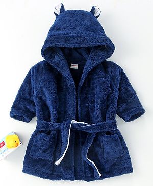 Babyhug Velour Full Sleeves Hooded Bath Robe With Ear Flaps - Navy Blue