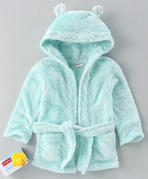 Babyhug Velour Cotton Knit Full Sleeves Hooded Bath Robe With Ear Flaps- Blue