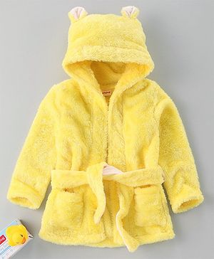 Babyhug Velour Cotton Knit Full Sleeves Hooded Bath Robe With Ear Flaps- Yellow