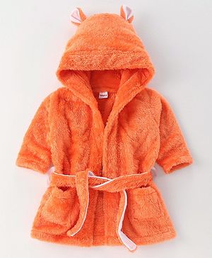 Babyhug Velour Cotton Knit Full Sleeves Hooded Bath Robe With Ear Flaps- Orange