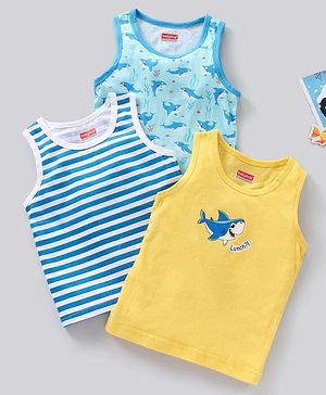 Babyhug 100% Cotton Sleeveless Sando Vests Stripes & Shark Print Pack of 3- Multicolor