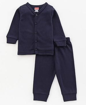Babyhug Full Sleeves Thermal Vest & Bottom Set Solid - Navy - Preemie Blue