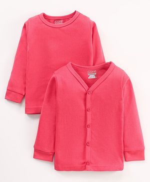 Babyhug Full Sleeves Front Open and Pullover Solid Color Thermal Wear Pack Of 2 - Pink