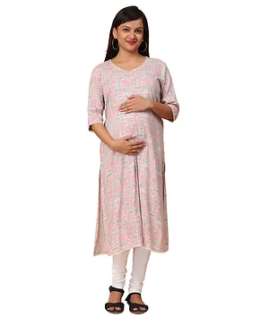 Morph Three Fourth Sleeves All Over Aztec Printed Feeding Kurta With Vertical Nursing - Red