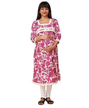 Morph Three Fourth Sleeves Floral Printed & Lace Embellished Feeding Kurta With Horizontal Nursing - Pink