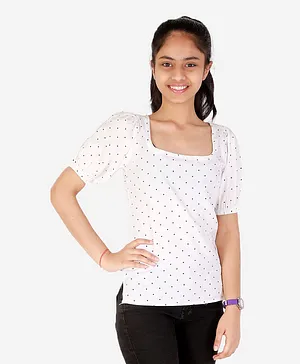 BuzzyBEE Short Puffed Sleeves Polka Dotted Top - White