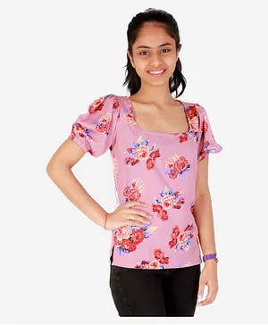 BuzzyBEE Half Balloon Sleeves Impressionist Floral Printed Top - Pink