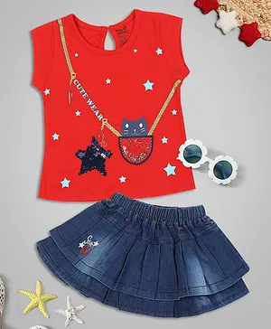Mee Mee Cap Sleeves Cat Design Top With Denim Skirt - Red Blue