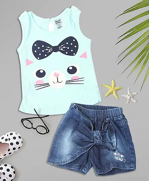 Mee Mee Sleeveless Cat With Bow Print Top & Overlap Denim Style Shorts - Blue