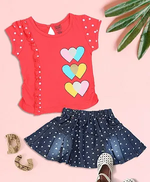 Mee Mee Short Sleeves Polka Dot & Hearts Print Top & Skirt Set - Red & Blue