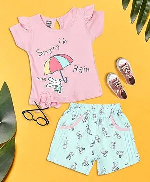 Mee Mee Cold Shoulder Cap Sleeves Singing In The Rain & Umbrella Print Top & Bunny Print Short - Pink & Sea Green